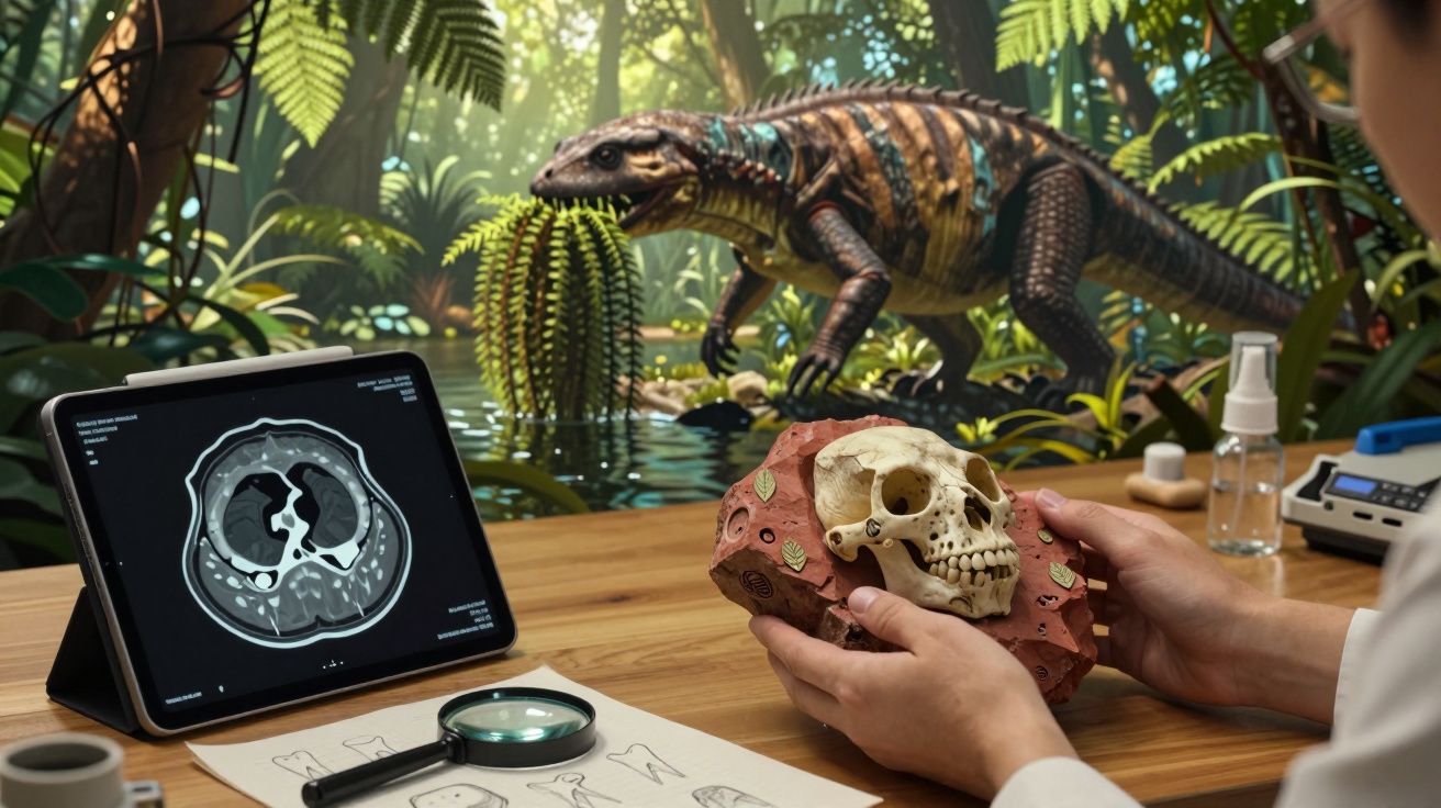Imagem de mãos a segurar crânio humano em argila, tablet com tomografia, e dinossauro numa floresta ao fundo.