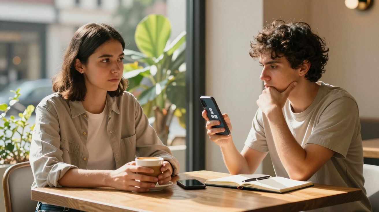 Dois jovens sentados à mesa de um café, um segura uma chávena e o outro olha para o telemóvel.