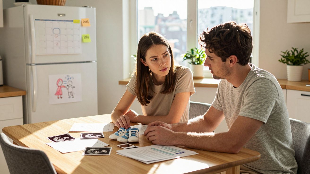 Casal sentado numa mesa a olhar para ecografias e sapatinhos de bebé numa sala iluminada pela luz natural.