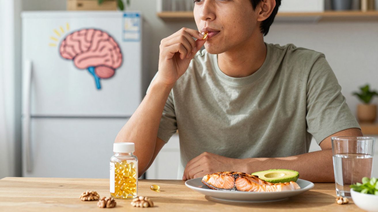 Homem a tomar suplemento alimentar à base de óleo de peixe com prato de salmão, abacate e nozes.