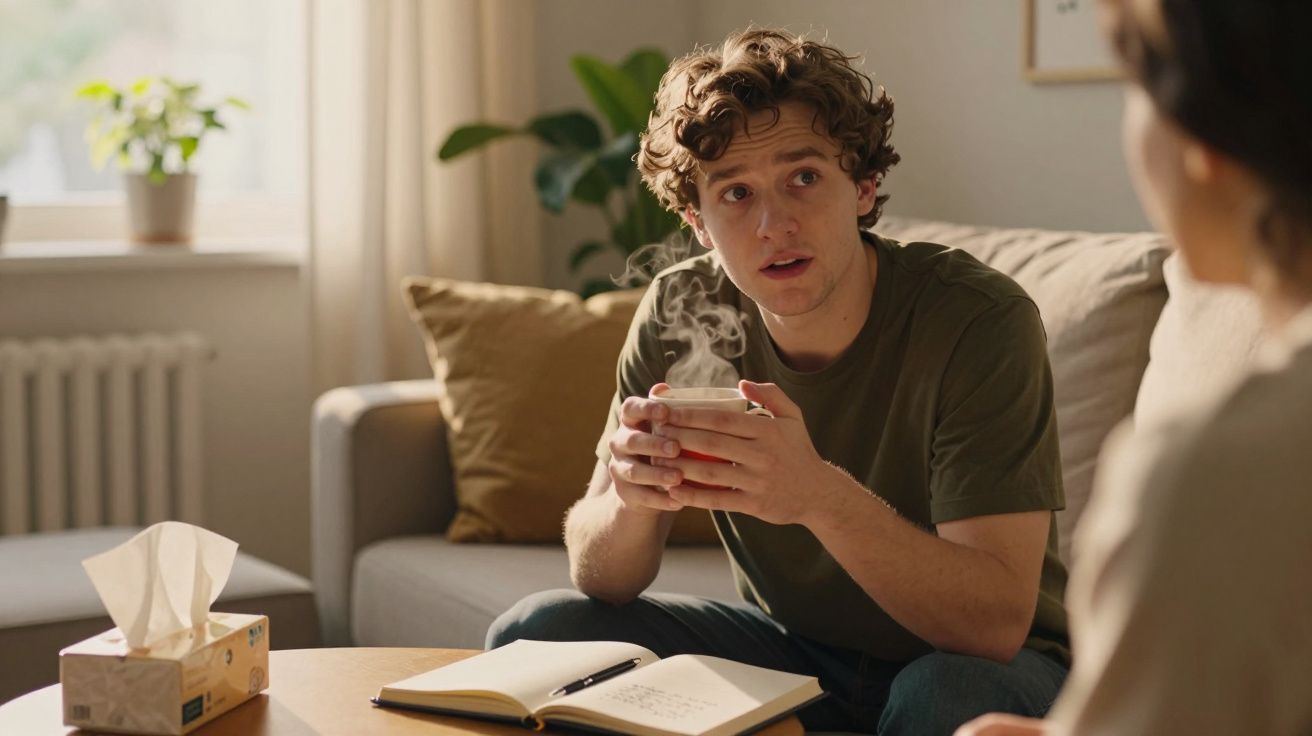 Jovem sentado no sofá segurando chá quente, com caderno aberto e caixa de lenços num ambiente acolhedor.