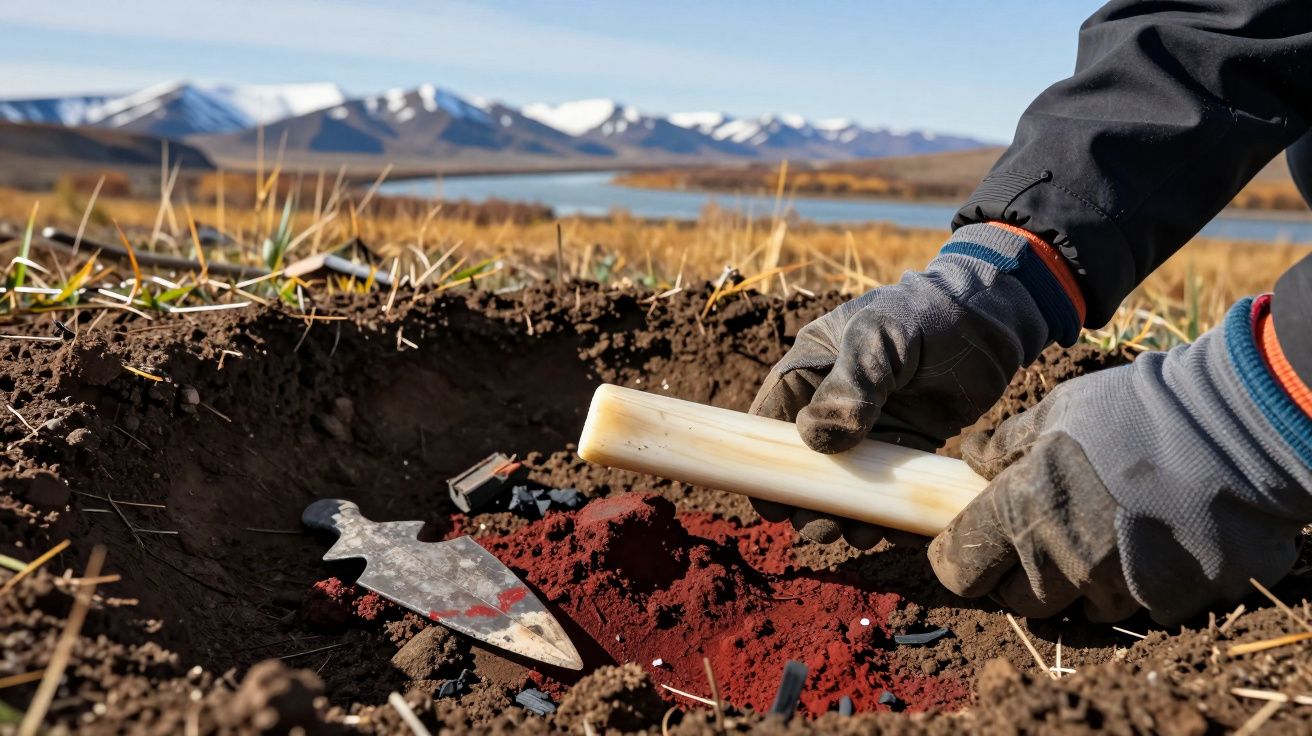 Mãos com luvas a recolher amostra de solo vermelho numa paisagem rural com montanhas e lago ao fundo.