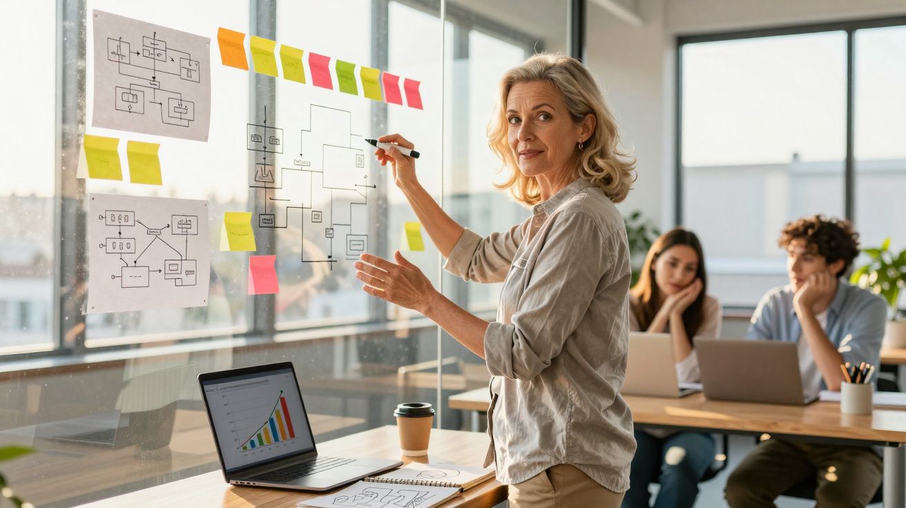 Mulher a explicar diagramas numa parede de vidro, com duas pessoas a ouvirem num escritório moderno.