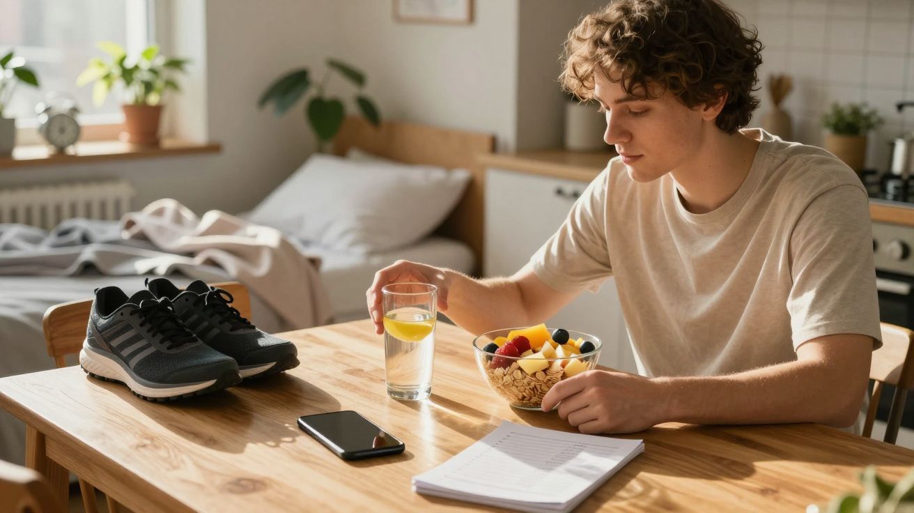 Jovem senta-se à mesa com fruta, copo de água com limão, ténis, telemóvel e caderno numa divisão iluminada.