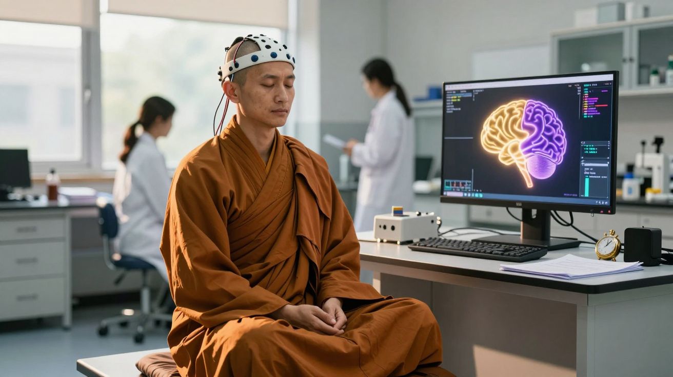 Monge em túnica laranja com dispositivo EEG na cabeça, sentado a meditar num laboratório moderno.