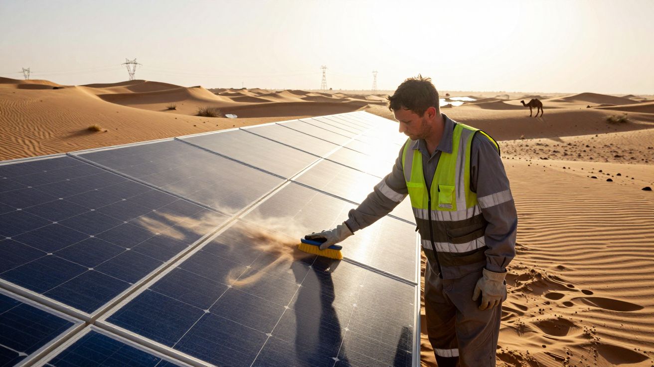 Homem limpa painéis solares num deserto com camelo e linhas de alta tensão ao fundo.
