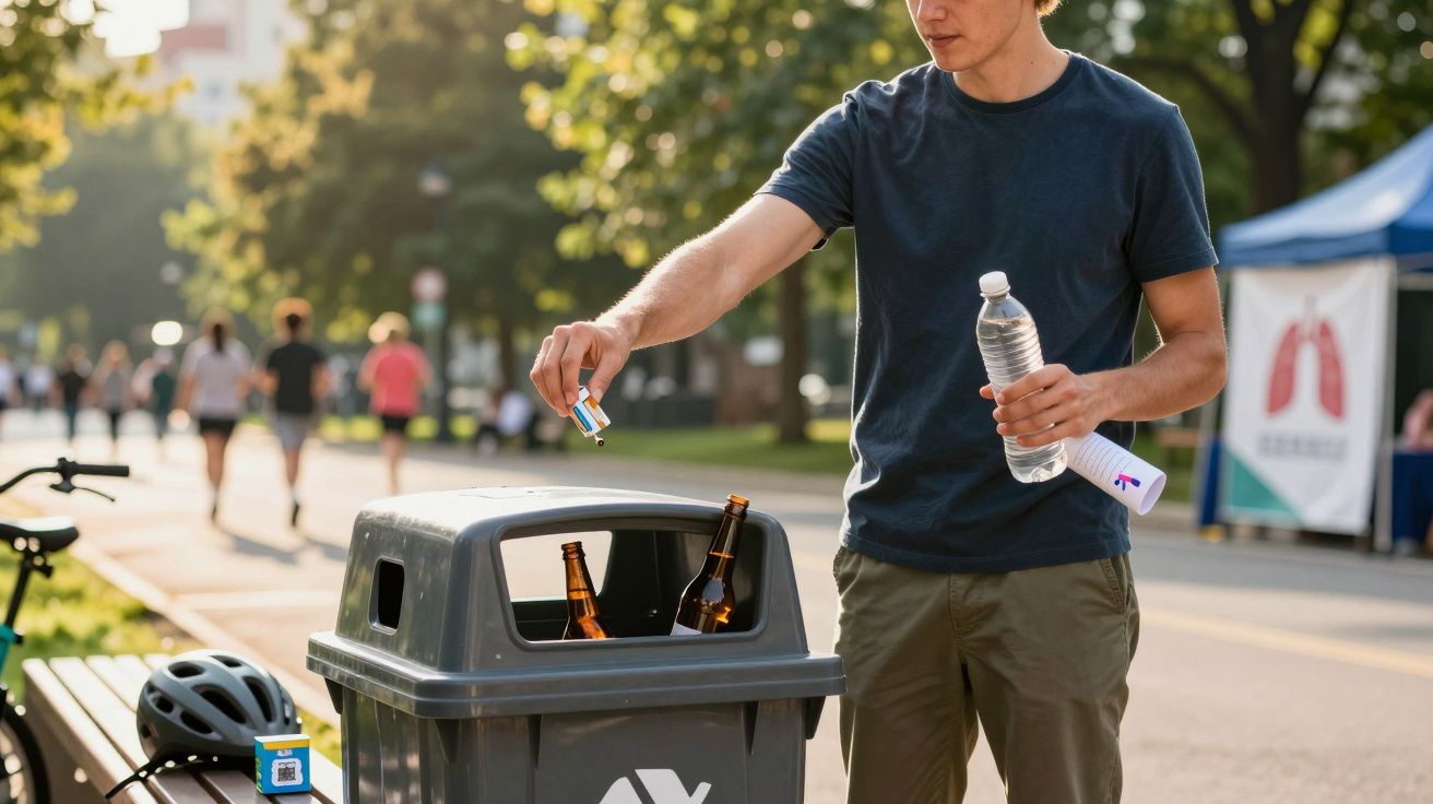 Homem a deitar um isqueiro no lixo ao ar livre num parque com garrafas vazias dentro do contentor.