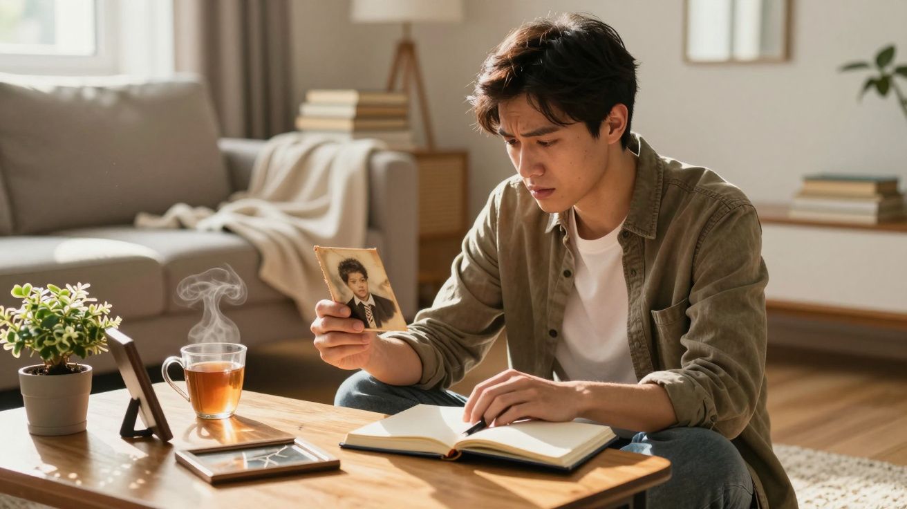 Jovem sentado à mesa, olhando para foto antiga, com chá e caderno aberto num ambiente confortável.