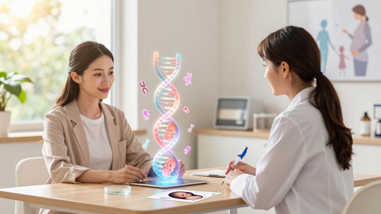 Consultora médica em genética mostra análise de DNA com gráficos holográficos para paciente numa clínica moderna.
