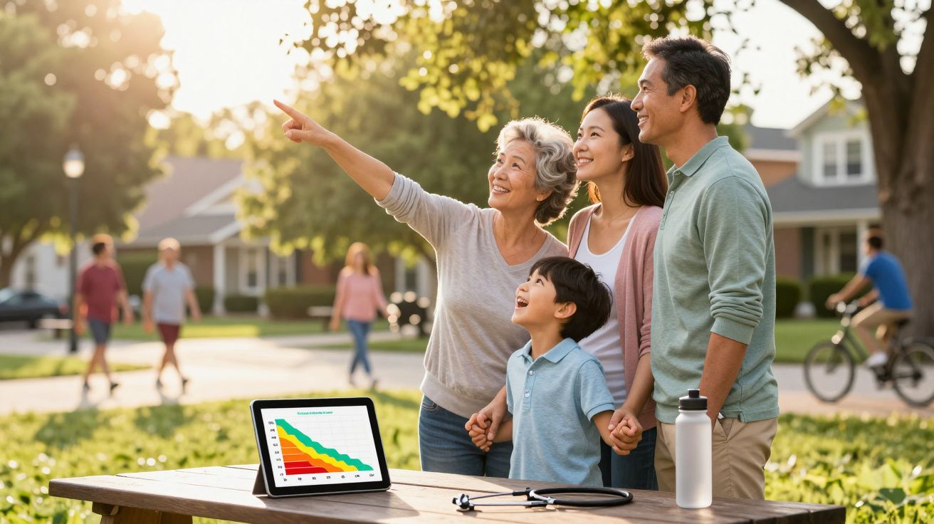 Família multigeracional sorridente ao ar livre, apontando para o céu, junto a uma mesa com gráfico num tablet e acessórios mé