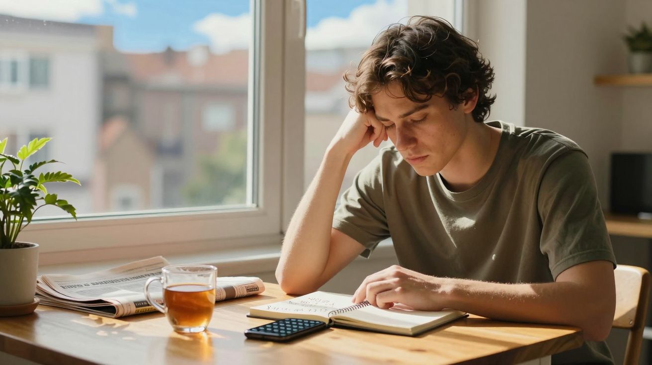 Homem jovem concentrado a estudar num caderno junto a uma janela, com chá, calculadora e plantas na mesa.