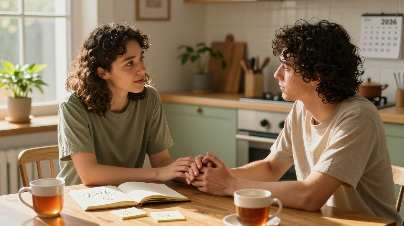 Casal sentado à mesa na cozinha, conversando e segurando as mãos com chá e caderno à frente.