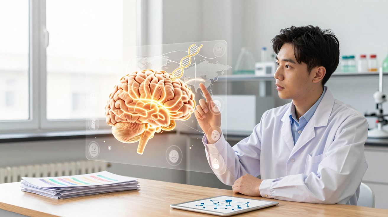 Cientista em bata branca interage com holograma 3D do cérebro e cadeia de DNA numa sala de laboratório.