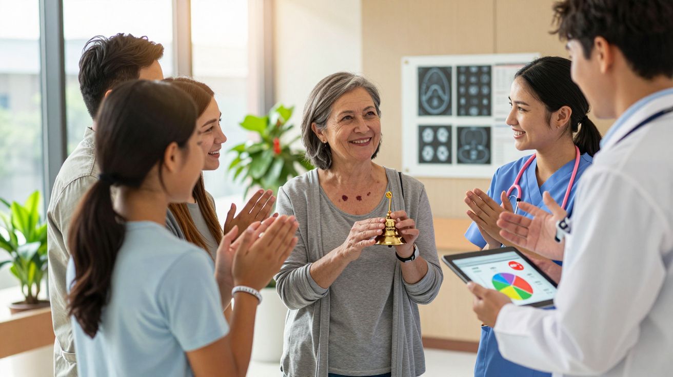 Paciente idosa celebra recuperação enquanto equipa médica e familiares aplaudem num consultório hospitalar.