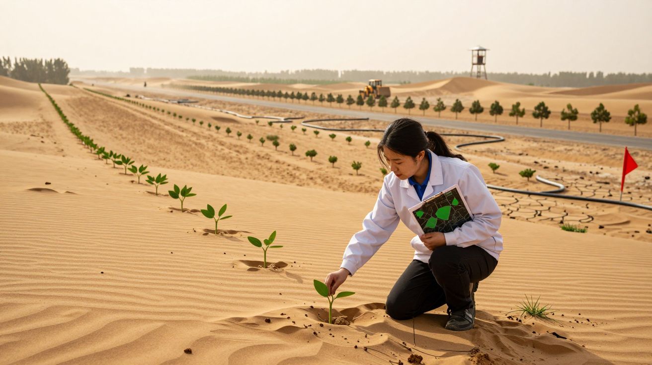 Mulher a plantar uma muda no deserto, com linhas de plantas jovens e equipamentos agrícolas ao fundo.