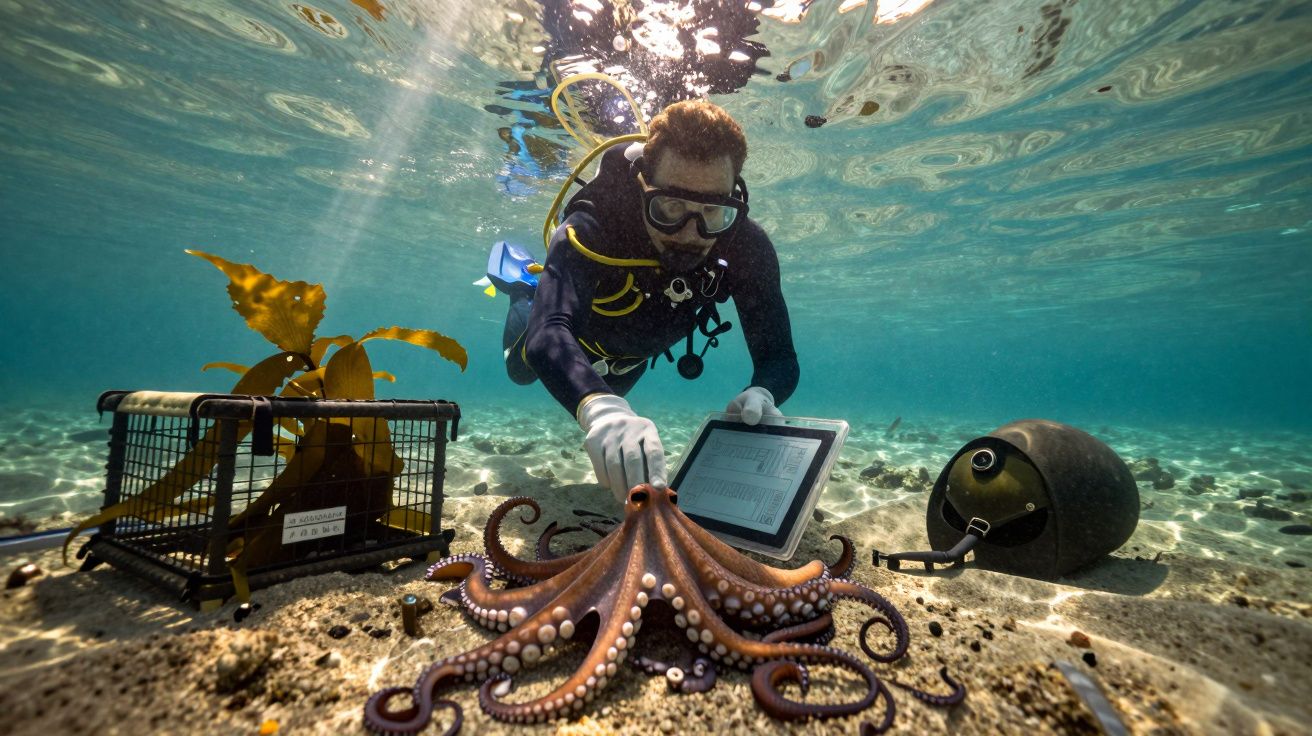 Mergulhador com equipamento a estudar um polvo no fundo do mar junto a material de pesquisa subaquática.