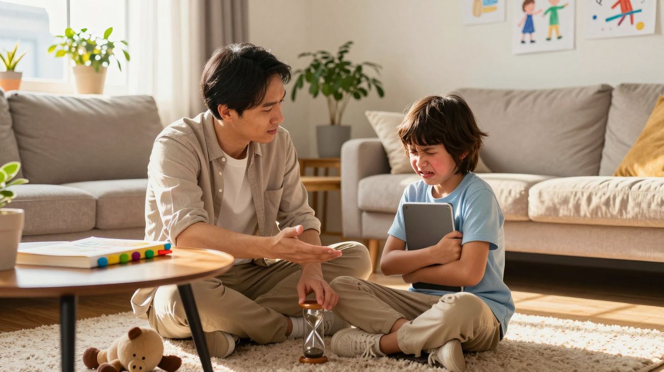 Homem sentado no chão a conversar com criança chorosa que abraça um tablet numa sala de estar iluminada.