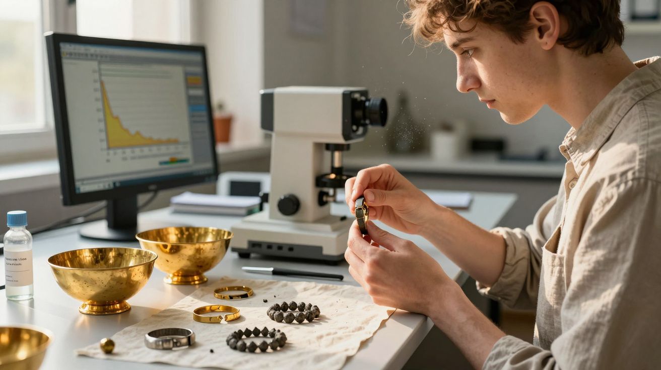 Pessoa a inspecionar joias num laboratório com microscópio e gráfico num ecrã de computador.