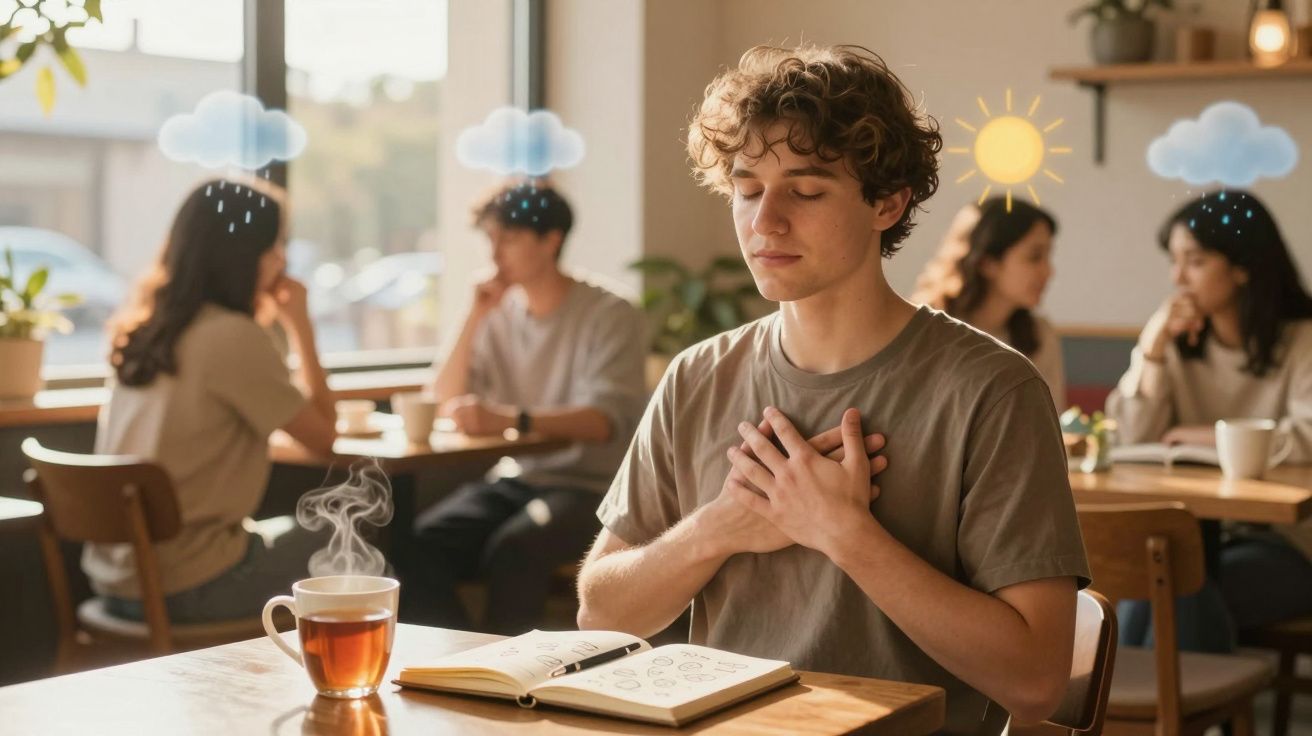 Jovem sentado numa mesa de café, olhos fechados, mãos no peito, com caneca de chá e livro aberto à frente.