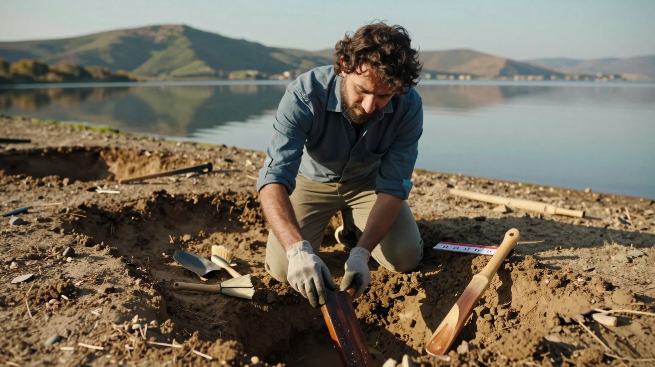 Homem a escavar e examinar artefactos arqueológicos à beira de um lago com montanhas ao fundo.