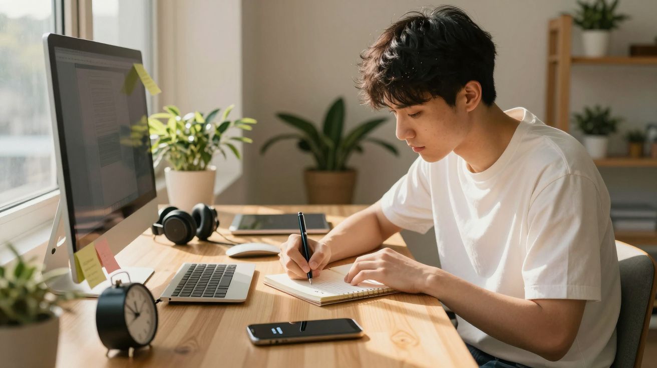 Jovem a estudar e a escrever num caderno num ambiente calmo com computador e plantas numa secretária.