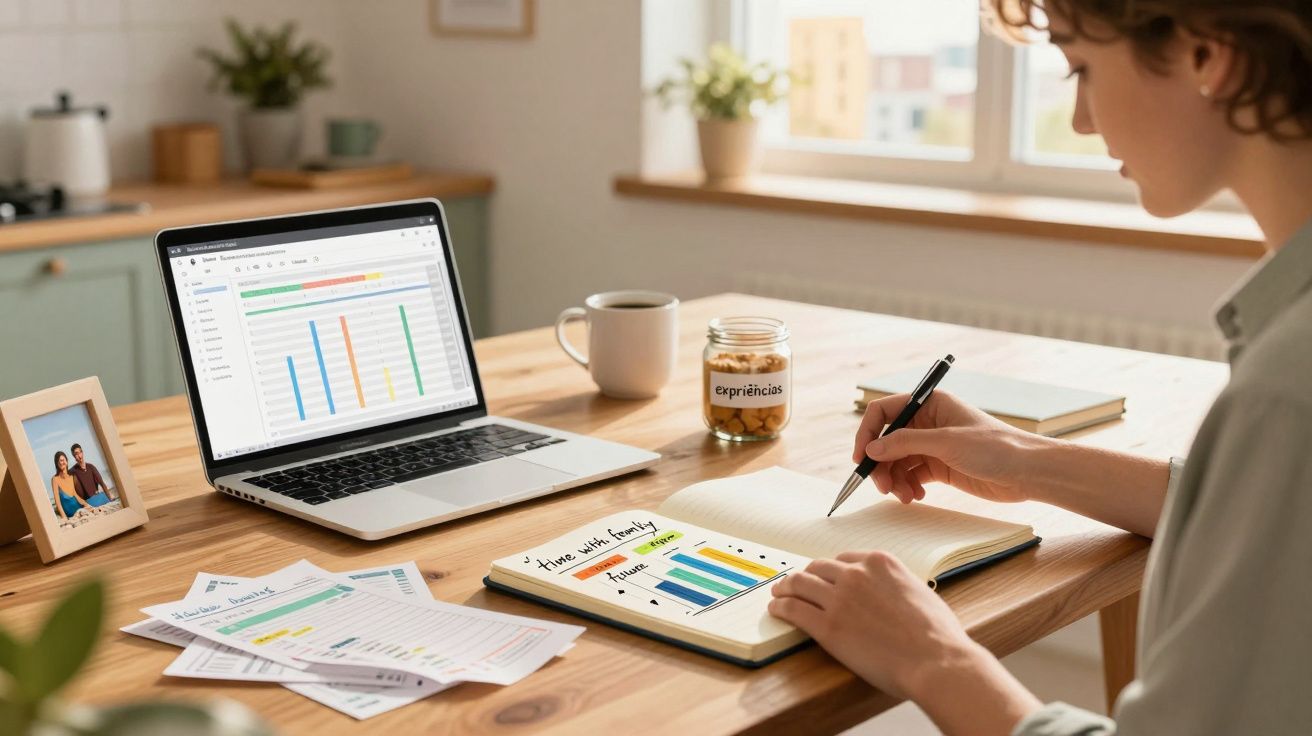 Pessoa a escrever num caderno com gráficos, junto a computador portátil e jarro com inscrição experiências.