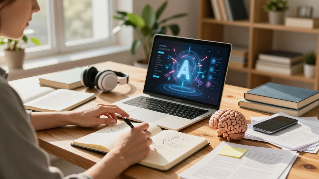 Pessoa a escrever num caderno junto a portátil com imagem de inteligência artificial, livros, telemóvel e modelo de cérebro n