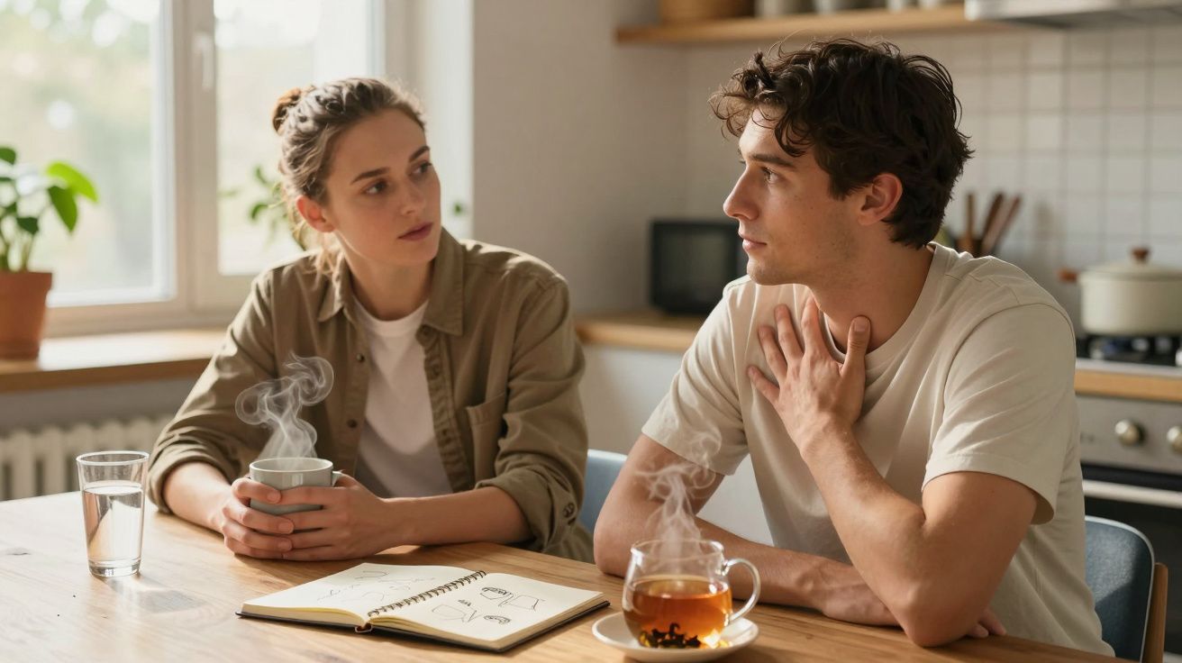 Casal jovem senta-se à mesa, conversando, com chá quente e caderno aberto numa cozinha iluminada.
