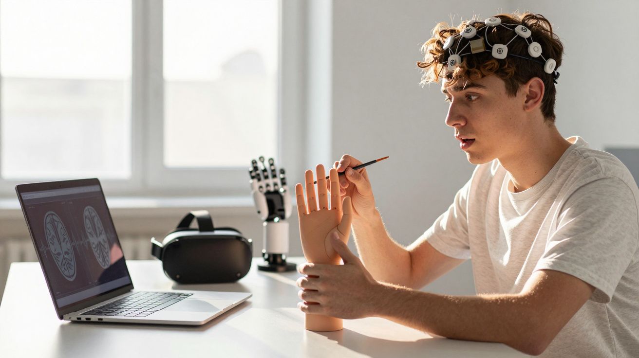 Jovem com dispositivo de captação cerebral a pintar mão artificial em ambiente tecnológico de estudo.