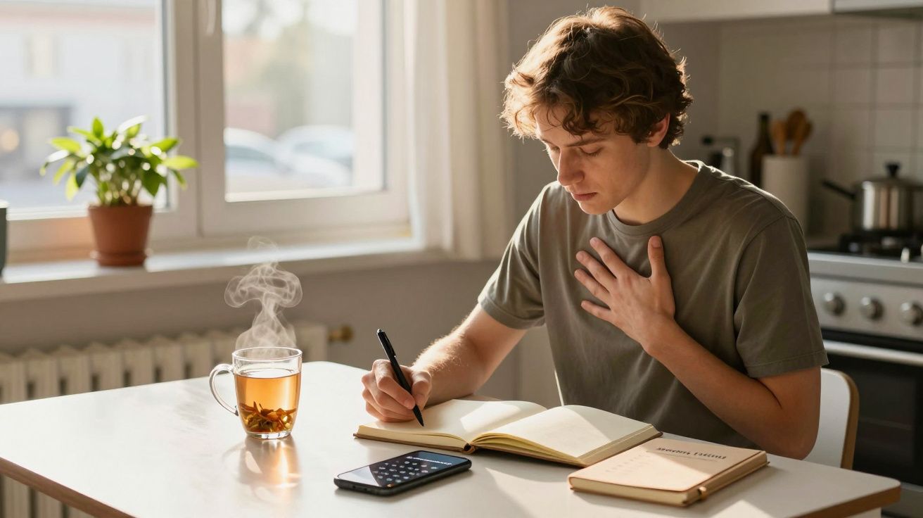 Jovem sentado à mesa com chá quente, a escrever num caderno e a tocar no peito, concentrado.