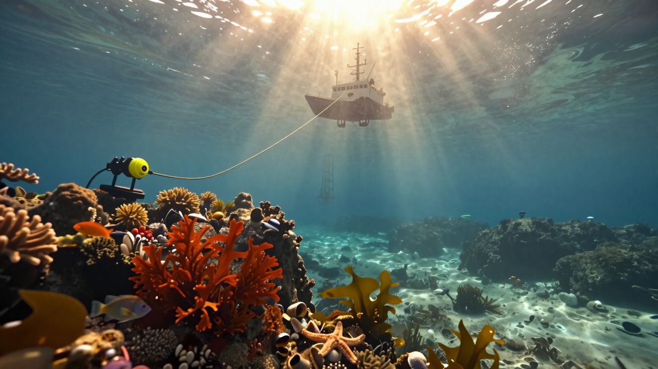 Vista subaquática de um barco ancorado acima de um recife colorido com peixes, coral e raios de sol.