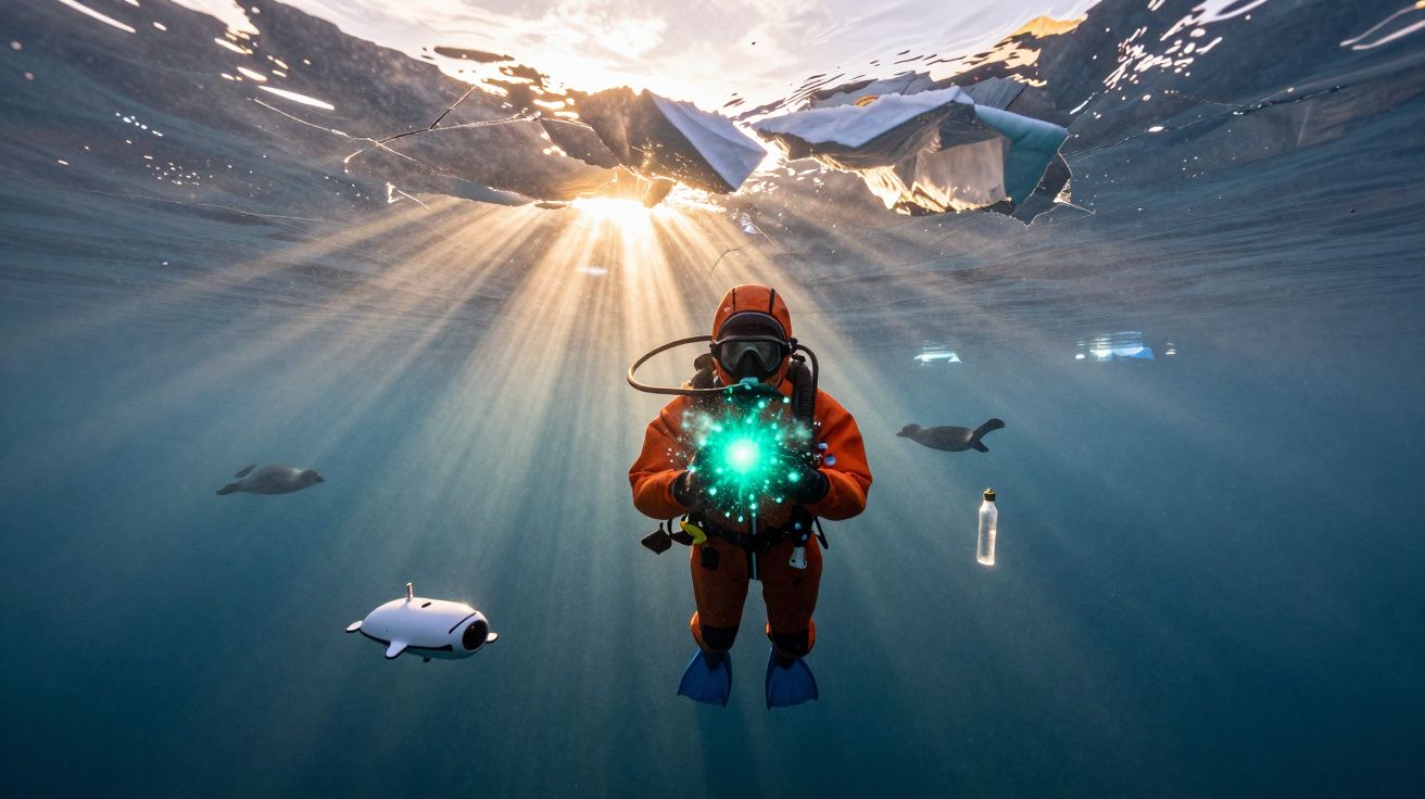 Mergulhador com fato laranja mergulha sob gelo, rodeado por robôs subaquáticos e raios de luz solar.