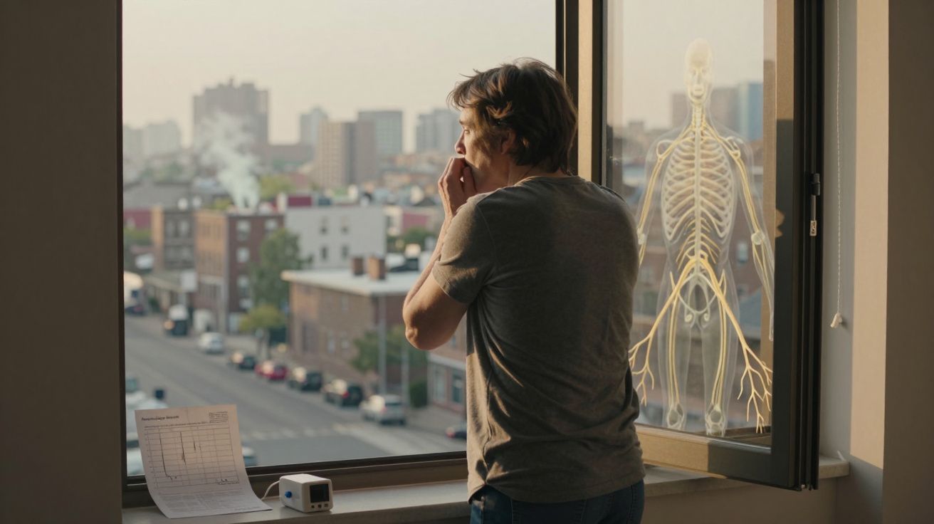 Homem fuma junto a janela com vista para cidade, esqueleto luminoso no vidro ao lado.