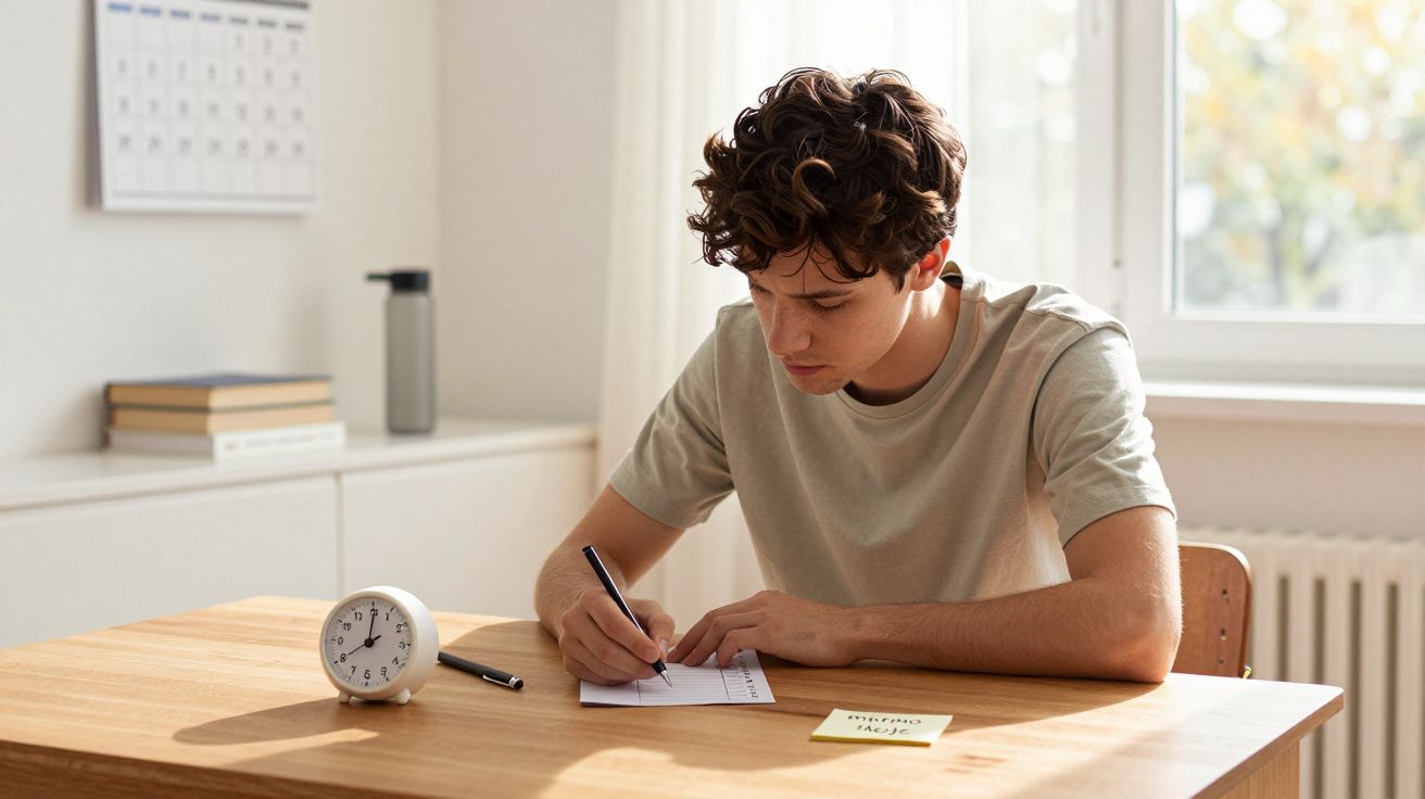 Jovem sentado a escrever numa mesa com relógio, caneta e notas num ambiente luminoso e organizado.