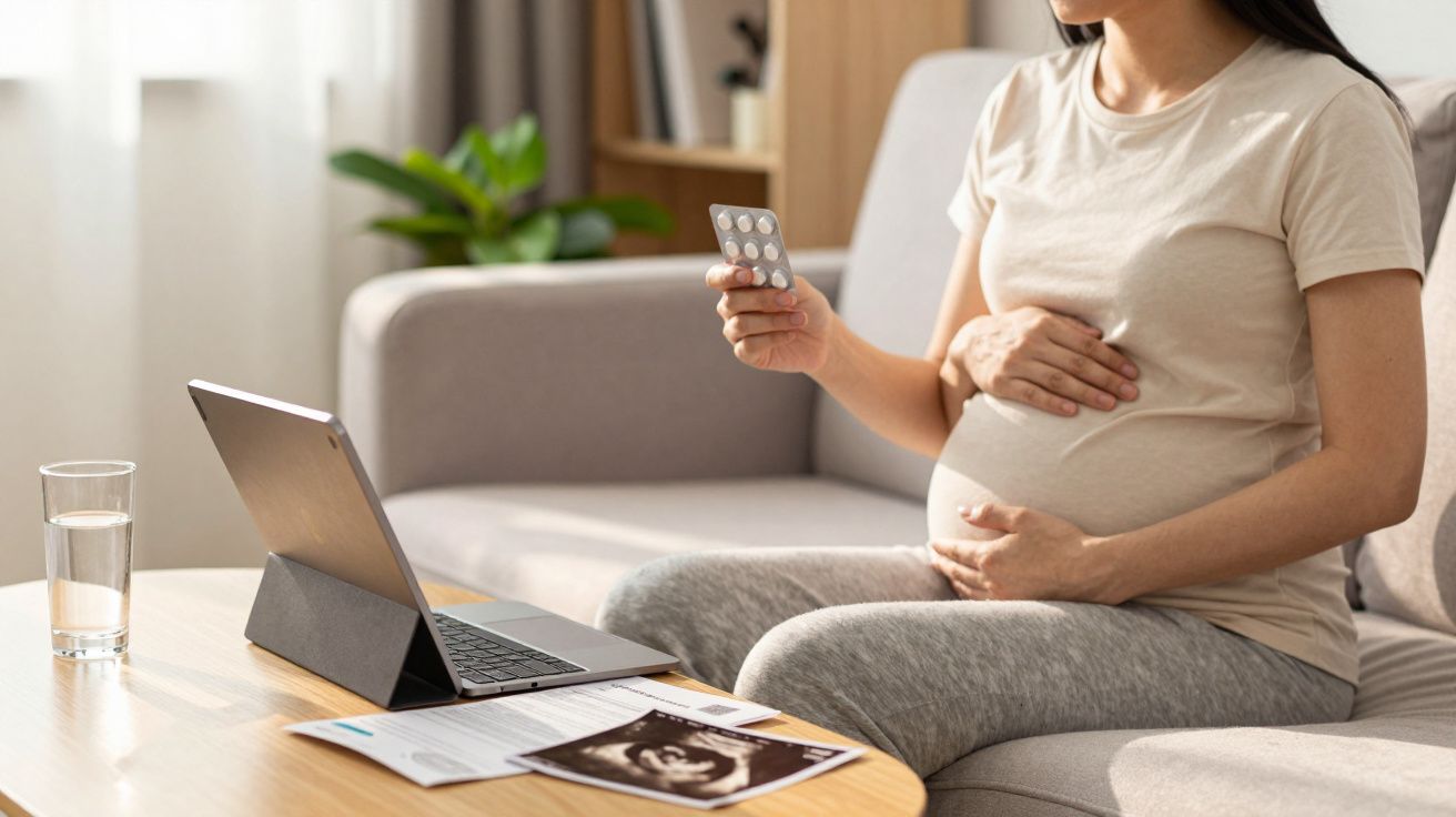 Mulher grávida sentada no sofá com embalagem de comprimidos na mão e ecografia na mesa à frente.