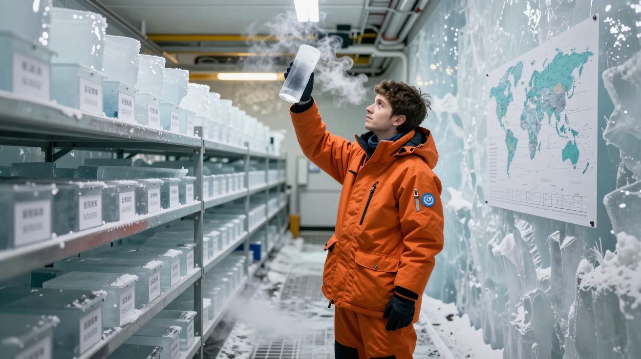 Pessoa em roupa térmica laranja analisa amostra congelada numa sala fria com prateleiras e mapa-mundo na parede.