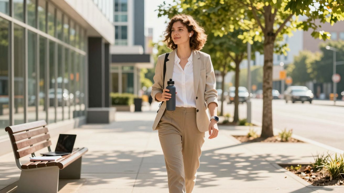 Mulher adulta a caminhar na cidade com roupa formal, garrafa de água e auriculares brancos.