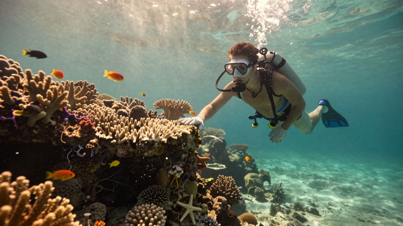 Mergulhador com equipamento completo explora recife de corais cheio de peixes coloridos.