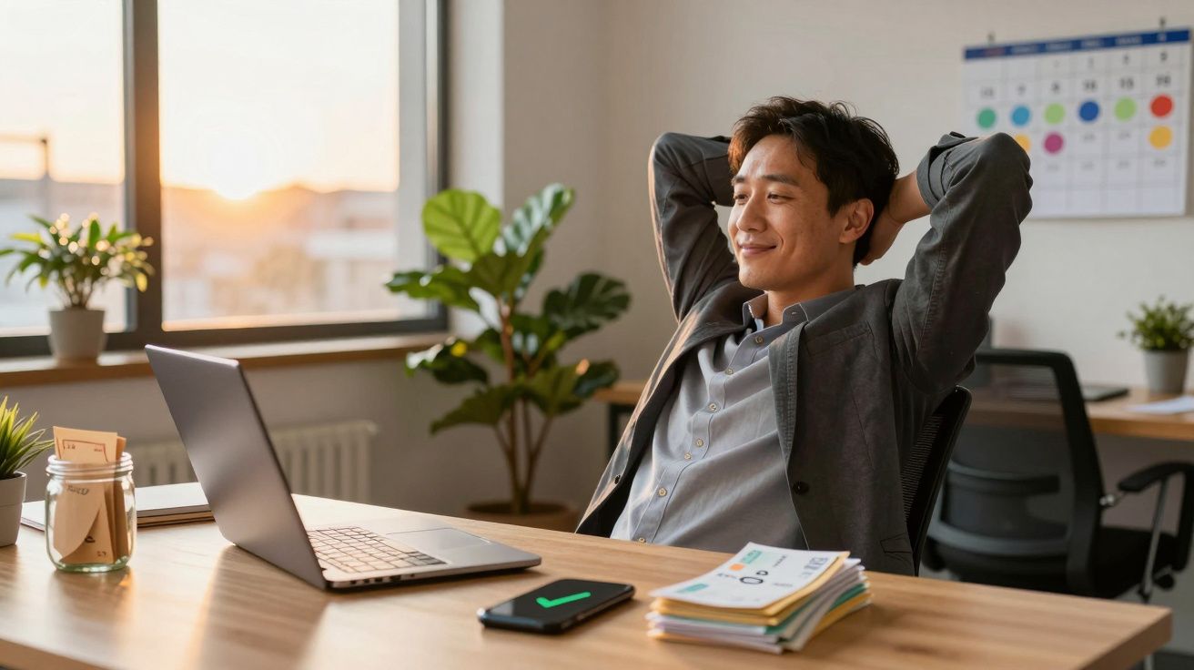Homem relaxa na cadeira do escritório com laptop aberto à sua frente, sorrindo e braços atrás da cabeça.