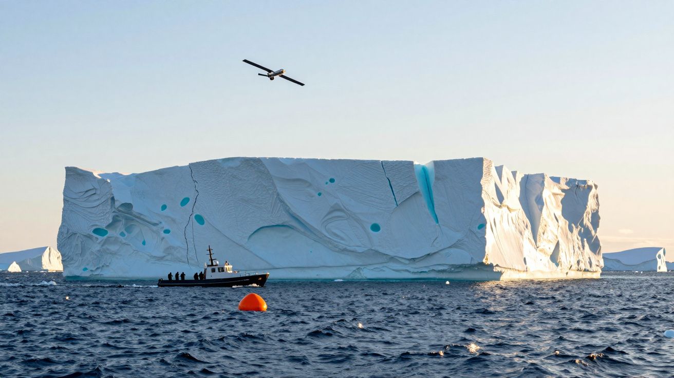 Iceberg gigante no mar com barco e drone sobrevoando, sob céu claro ao amanhecer.