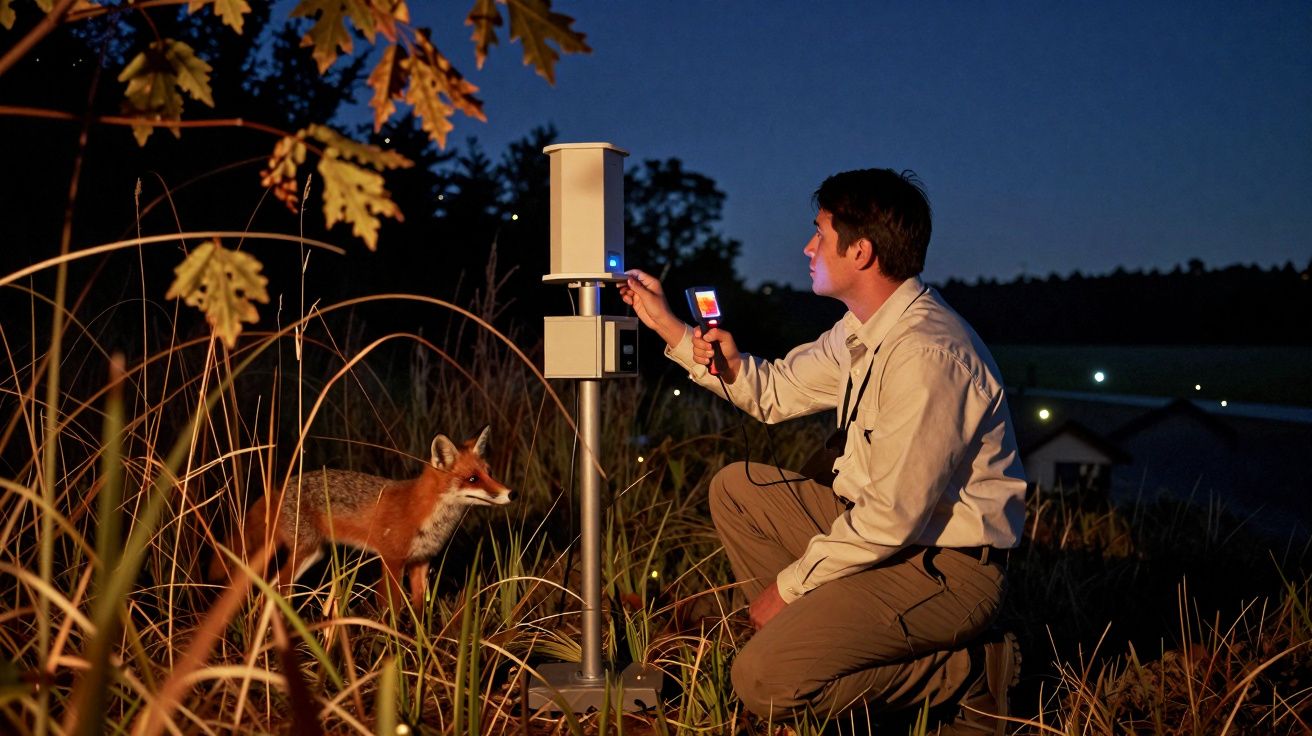Homem em campo à noite a operar equipamento com um sensor enquanto raposa observa na vegetação.