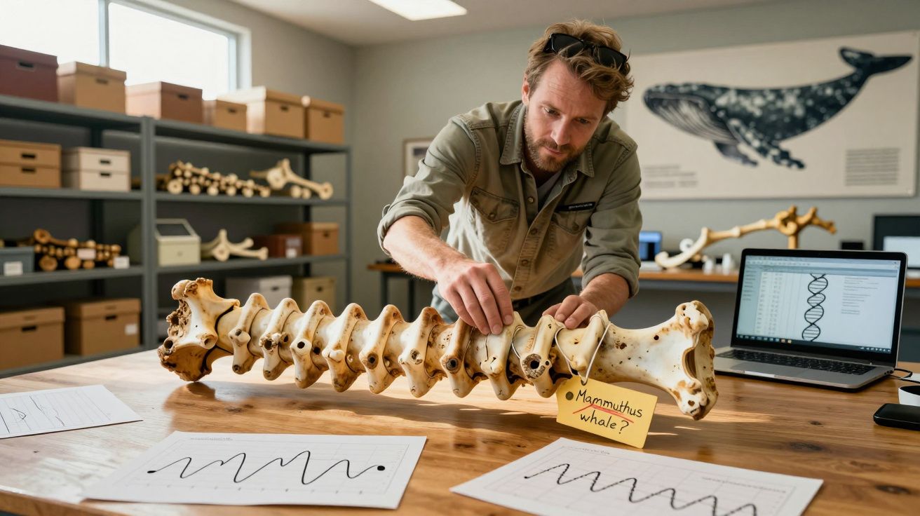 Homem a examinar uma coluna vertebral fósil extensa com notas numa mesa de trabalho científica.