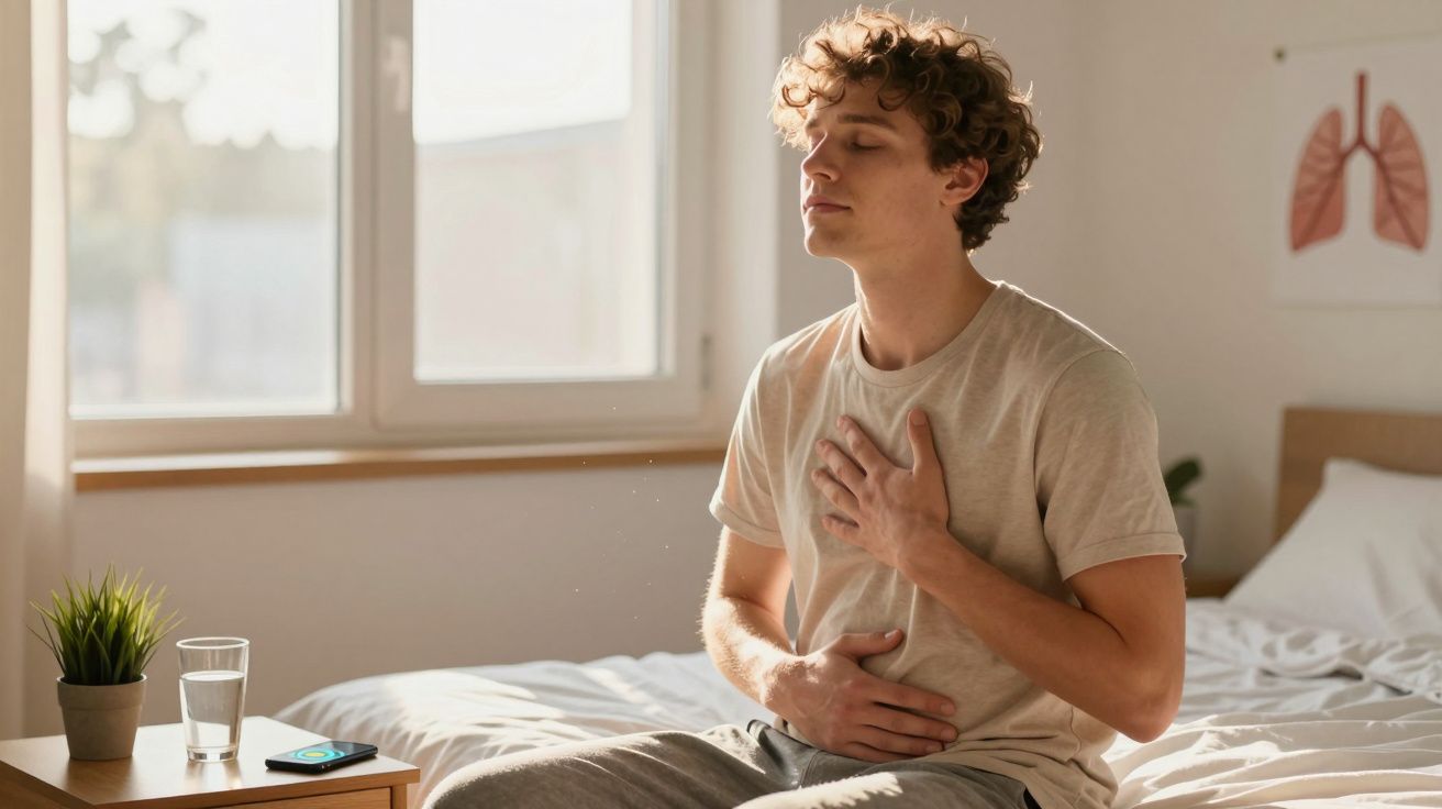 Homem sentado na cama a praticar respiração profunda com olhos fechados num quarto iluminado.