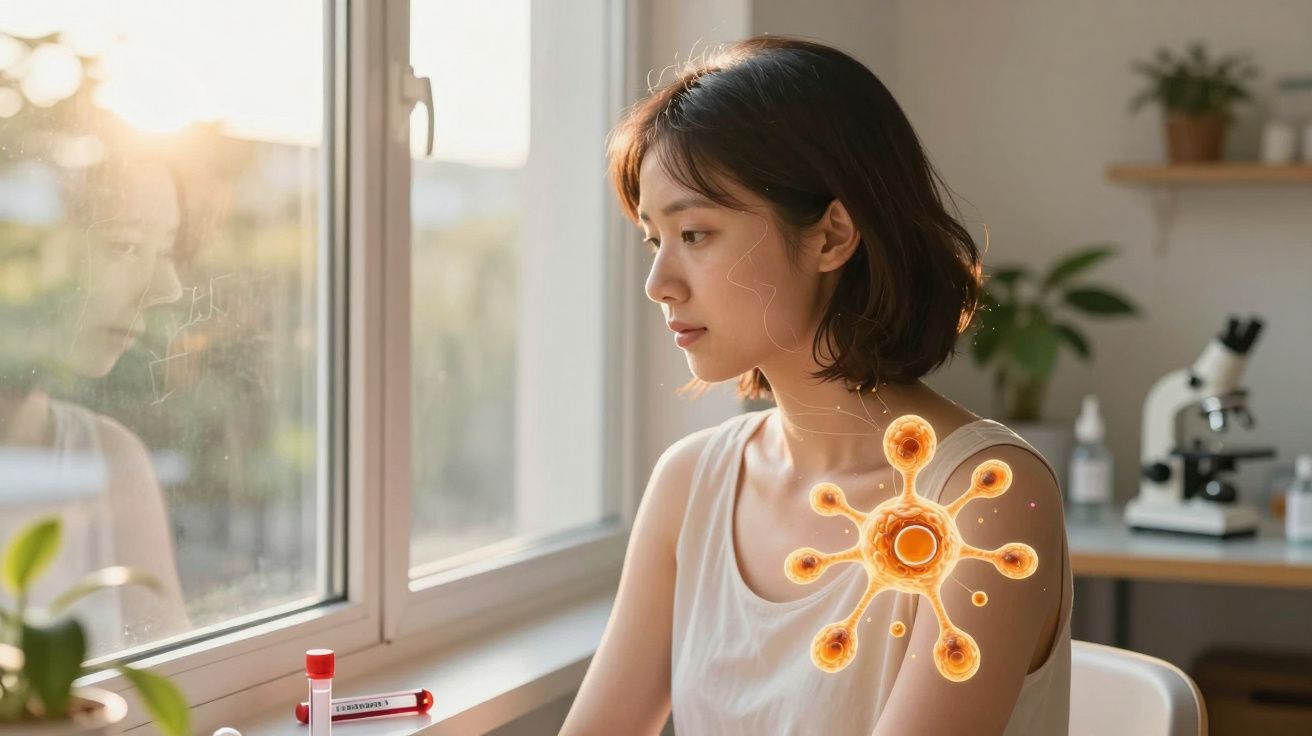 Mulher pensativa olhar pela janela com ilustração digital de vírus sobre o braço, em ambiente de laboratório.