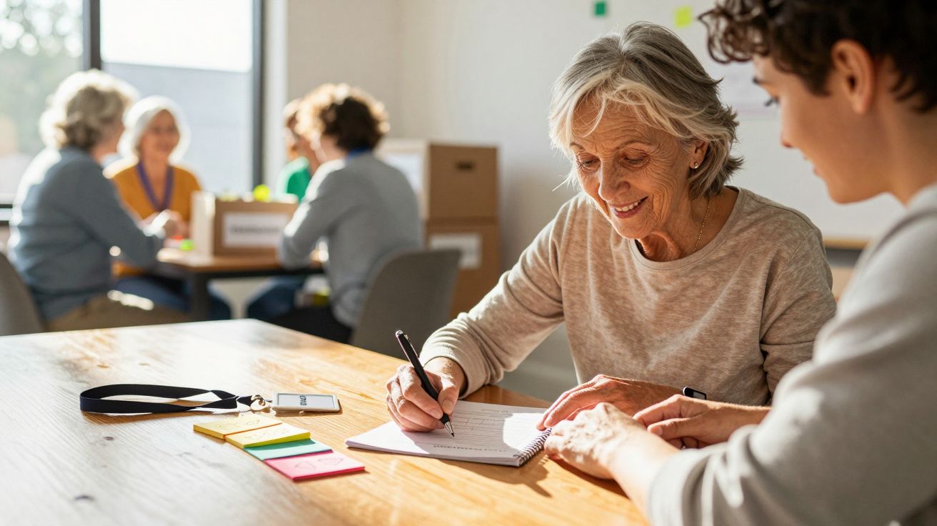 Duas mulheres sentadas à mesa, uma delas a escrever num caderno, em ambiente de grupo com outras pessoas.