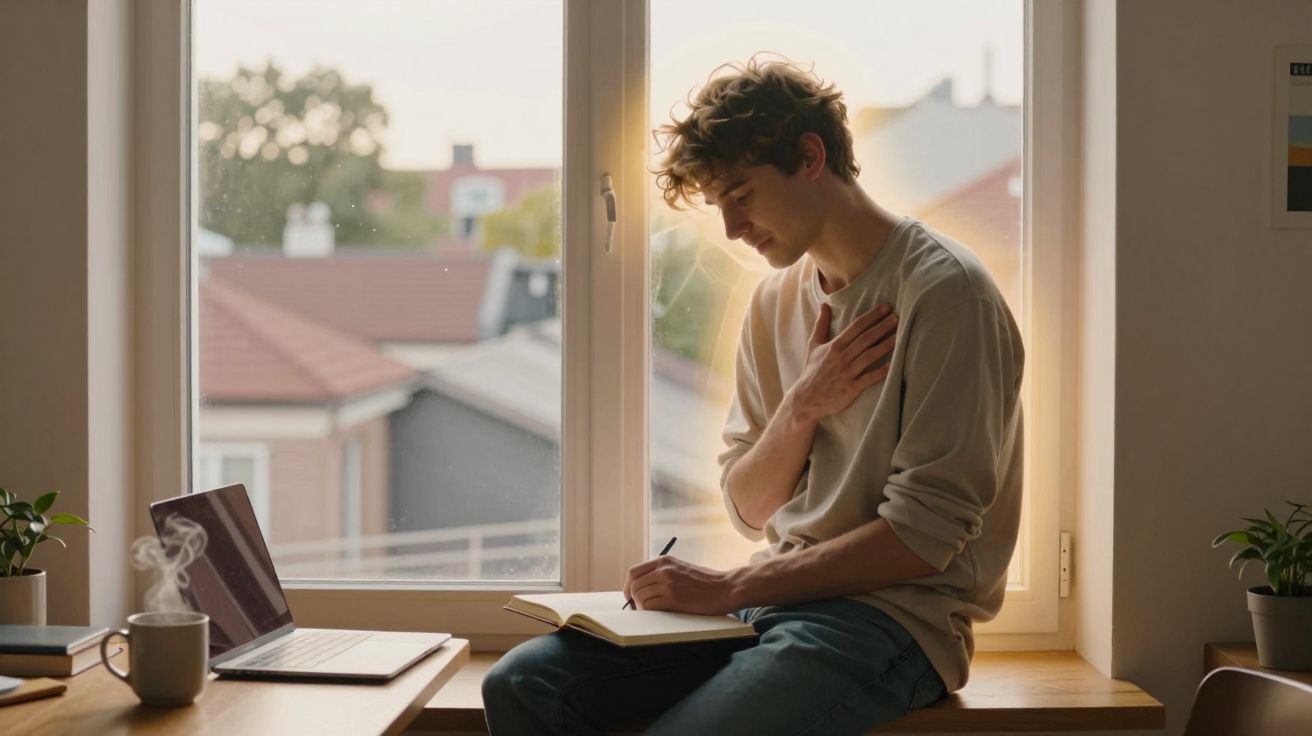 Homem sentado numa janela escrevendo num caderno, com mão no peito e luz suave ao fundo.