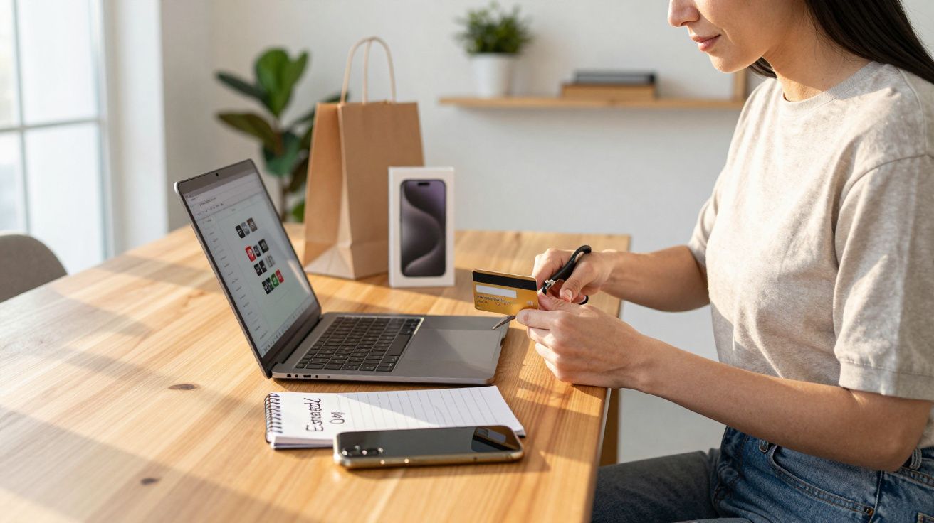 Mulher a efetuar compra online com cartão de crédito num computador portátil numa mesa de madeira.