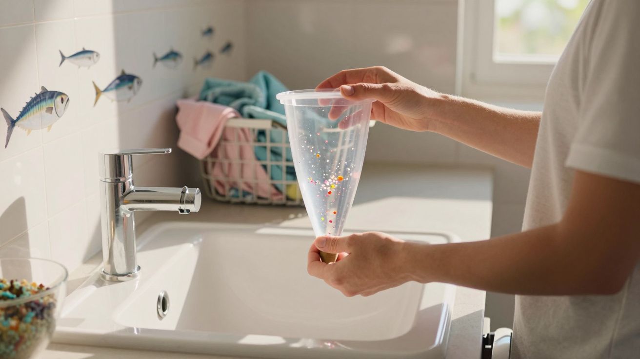 Pessoa segura funil transparente com resíduos coloridos sobre lavatório branco numa casa de banho com azulejos decorados com 