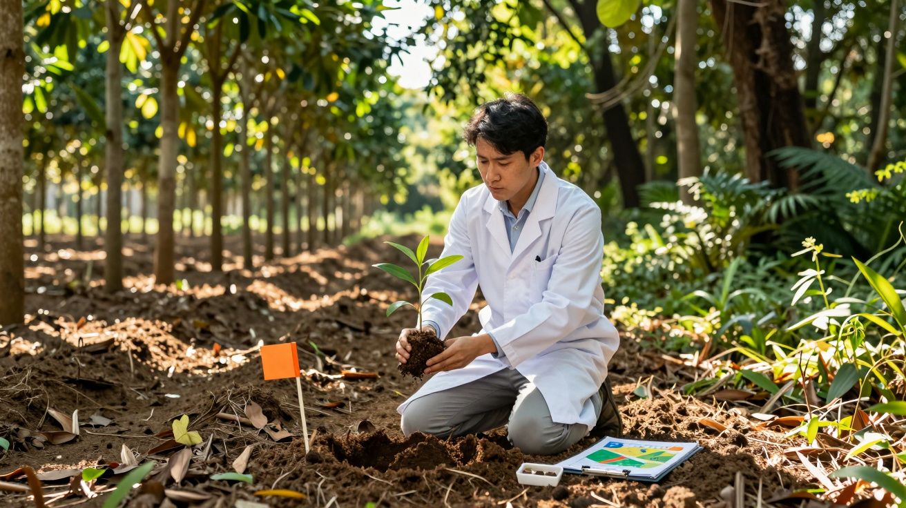 Homem de bata branca a plantar árvore jovem numa área rural com folhas caídas e marcador laranja no solo.