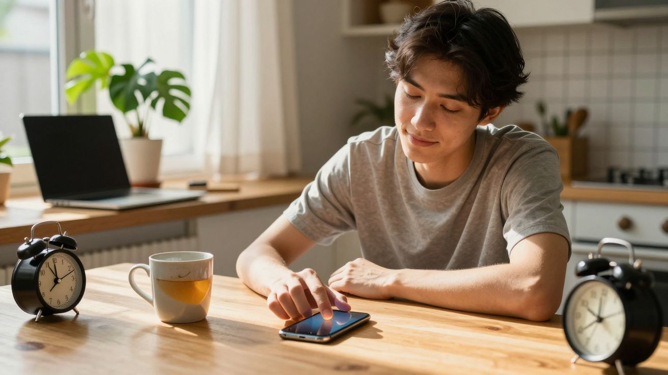 Jovem sentado à mesa da cozinha a usar smartphone, com dois relógios despertadores e uma caneca.